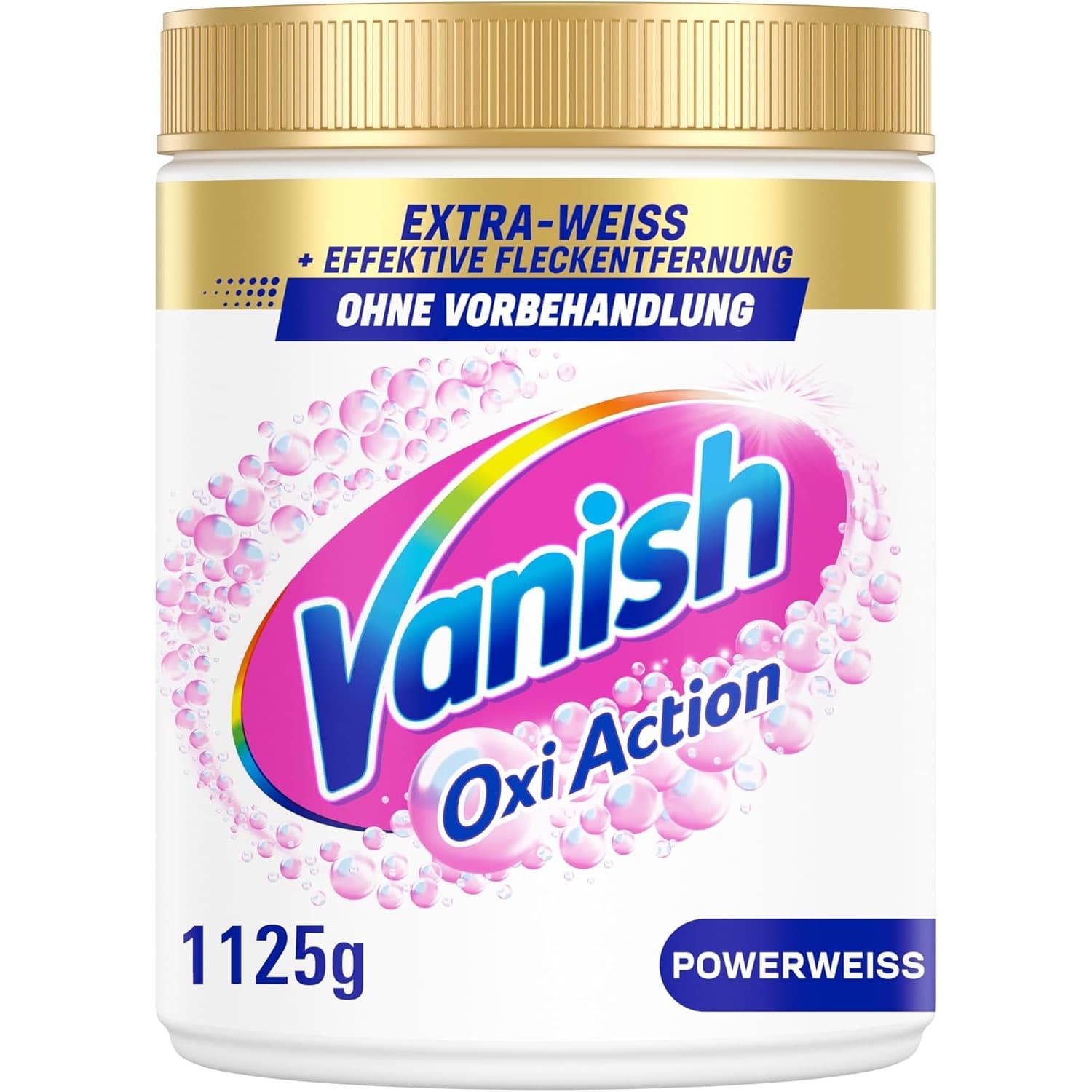 Weiße Dose mit goldenem Schraubdeckel, pinkem Vanish-Schriftzug in einer Blasenwolke, den Zeilen Oxi Action, Powerweiss, Extra-Weiss und der Angabe 1125 g