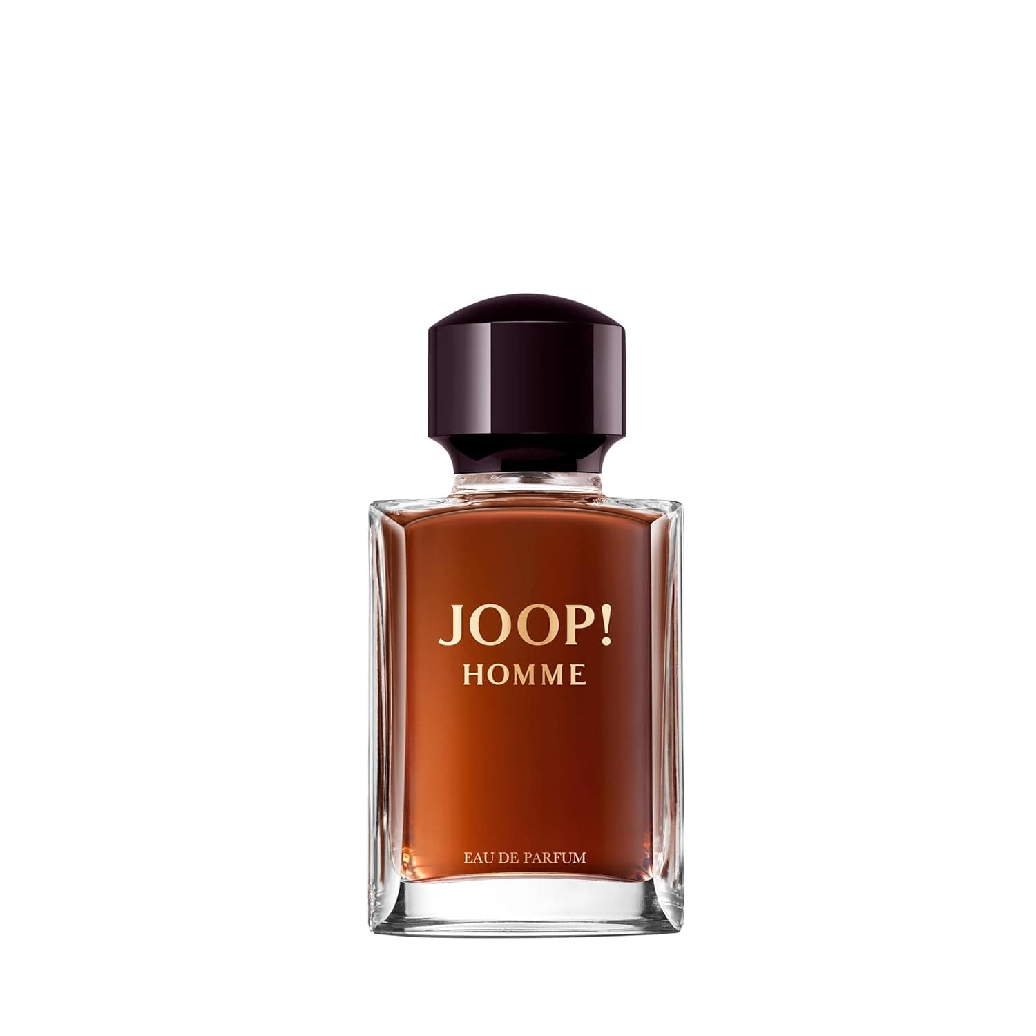 Rechteckiger Flakon des Joop! Homme Eau de Parfum mit bernsteinfarbenem Inhalt, dunklem Deckel und goldener Aufschrift