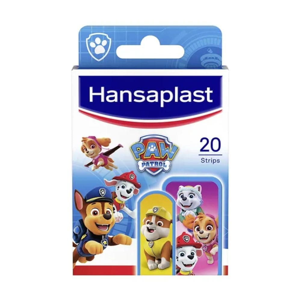 Blaue Pflasterschachtel mit Hansaplast-Schriftzug, dem Paw-Patrol-Logo, gezeichneten Hunden aus der Serie, zwei bedruckten Pflastern und der Angabe 20 Strips
