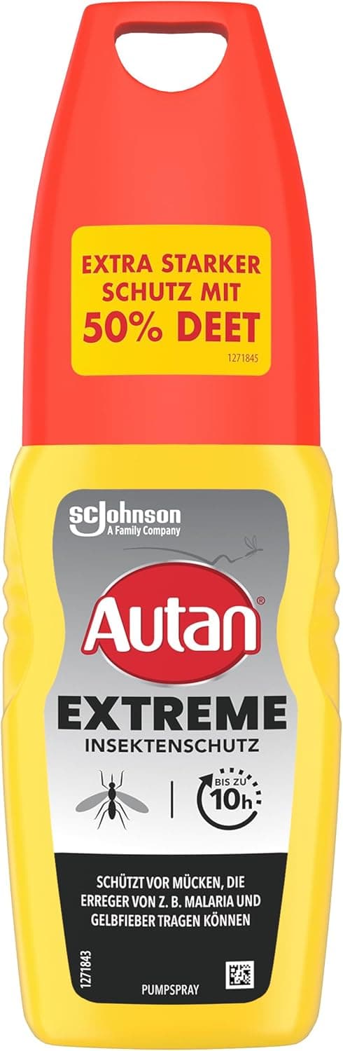 Gelbe Autan Extreme Pumpsprayflasche mit rotem Deckel und gelbem Aufkleber mit der Aufschrift Extra starker Schutz mit 50 Prozent DEET, 100 Milliliter