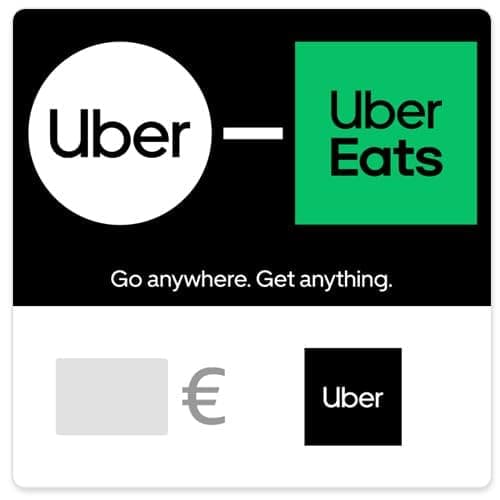 Schwarze Uber-Geschenkkarte mit dem weißen Uber-Kreis und dem grünen Uber-Eats-Feld, darunter ein weißes Feld mit Eurozeichen