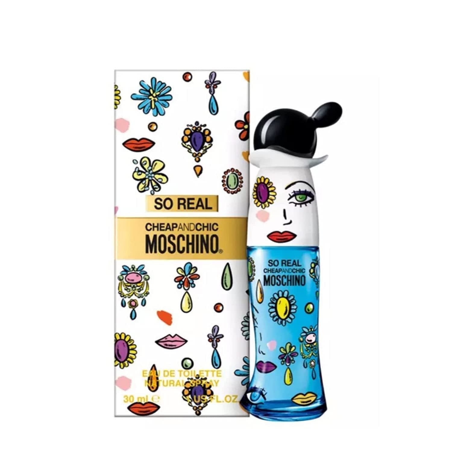 Moschino Cheap and Chic So Real Flakon in Form einer Puppe mit schwarzem Haar neben der bunt bedruckten Verpackung