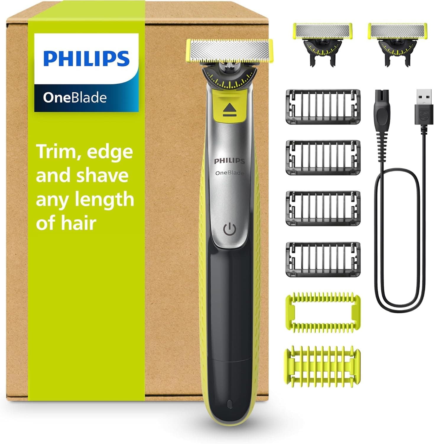 Schwarz-grüner Philips OneBlade 360 vor brauner Verpackung, daneben zwei Ersatzklingen, vier Kammaufsätze, zwei Körperaufsätze und ein USB-Kabel