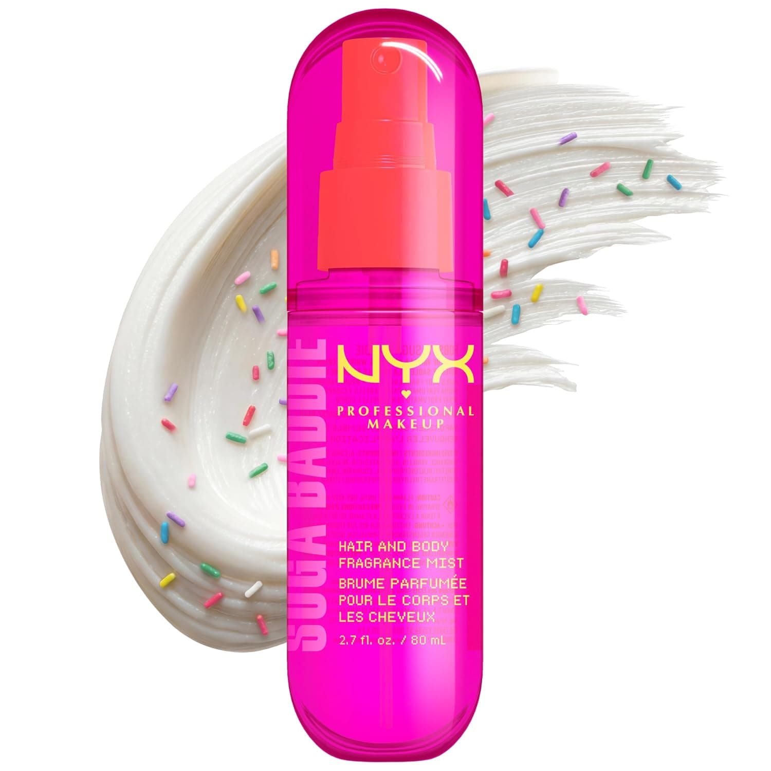 Pinke NYX Pumpflasche Fat Oil Hair and Body Fragrance Mist Suga Baddie mit orangefarbenem Sprühkopf vor einem Creme-Klecks mit bunten Zuckerstreuseln, 80 Milliliter