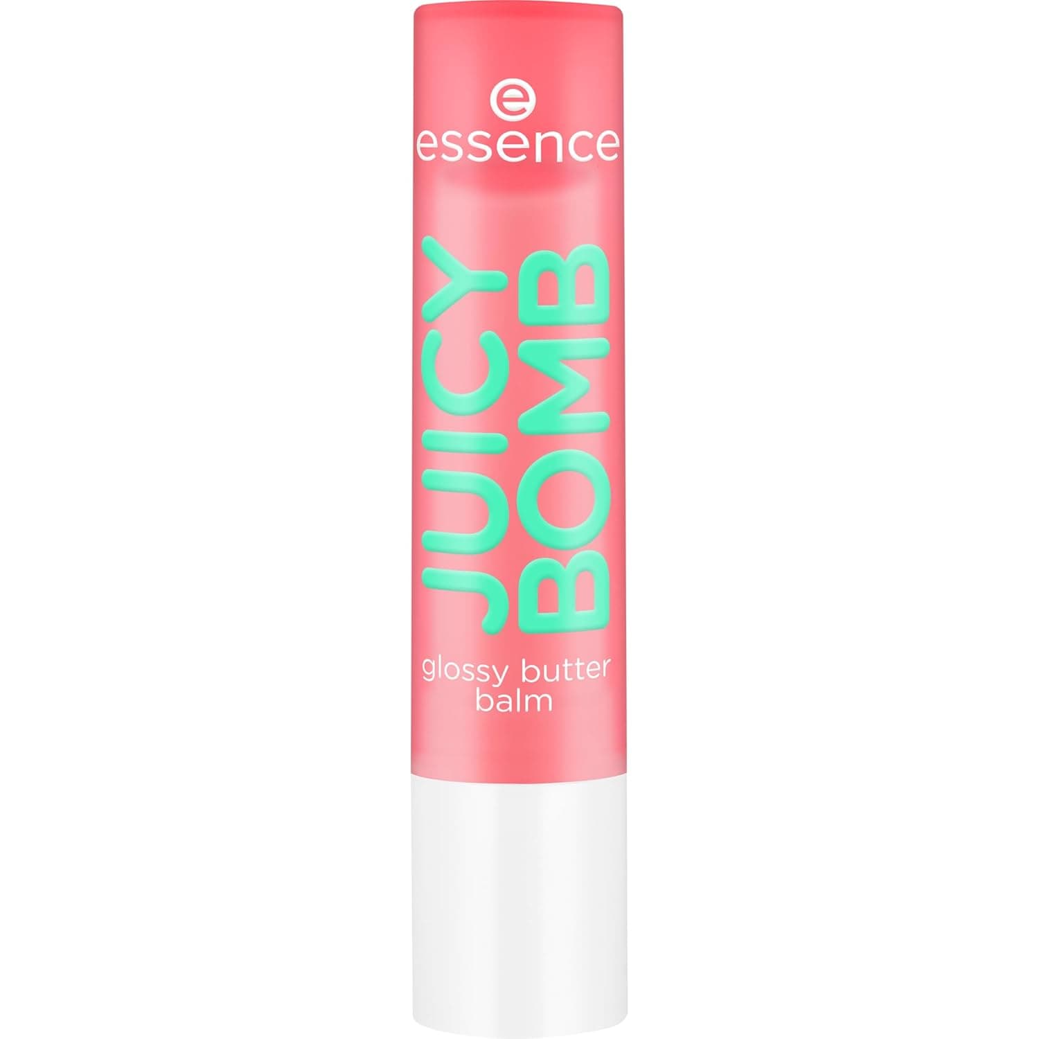 Pinker Stift essence Juicy Bomb glossy butter balm mit grüner Aufschrift und weißer Kappe