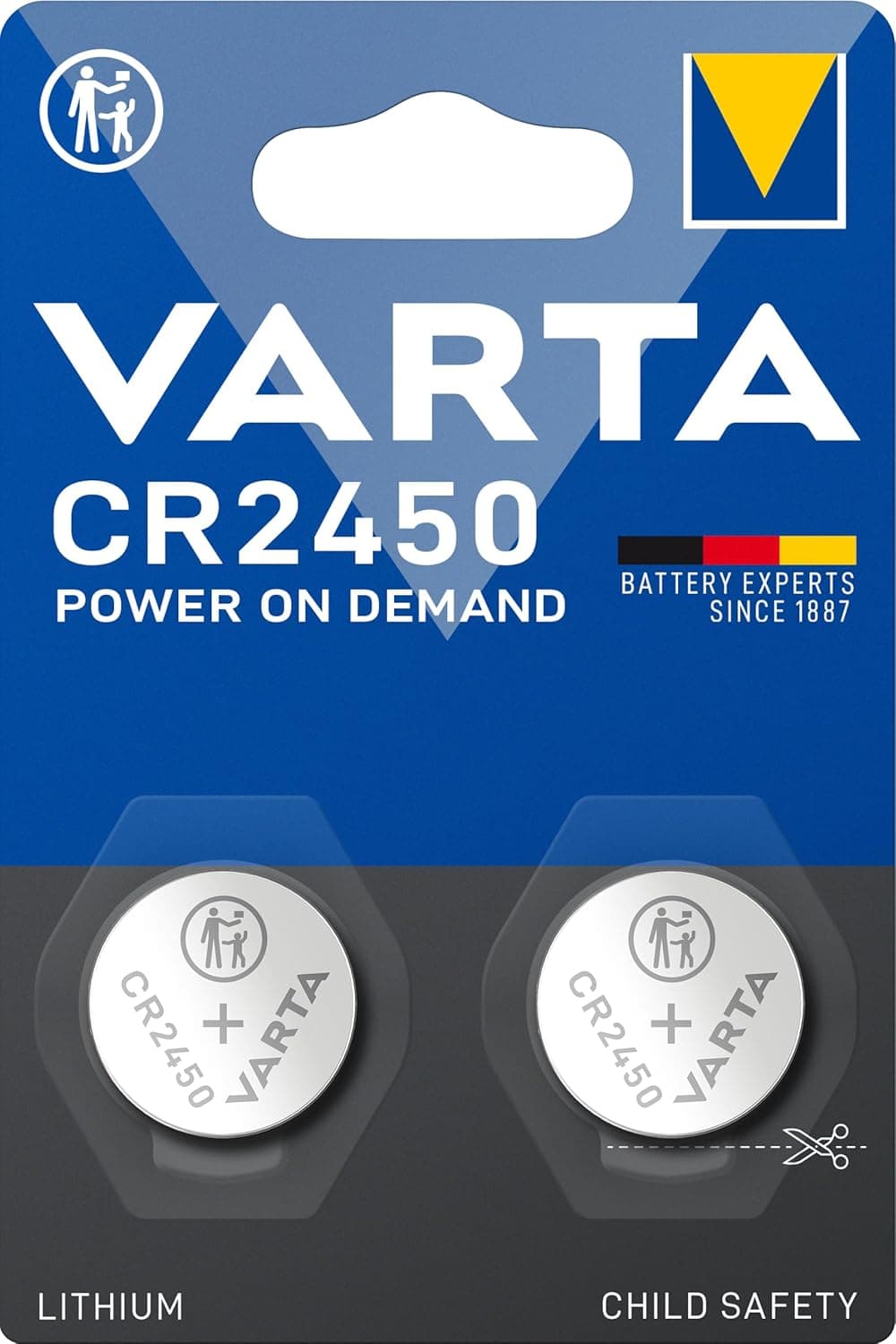 Blaue VARTA-Blisterkarte mit der Aufschrift CR2450 Power on Demand, darunter zwei silberne Knopfzellen in schwarzen Fächern, unten die Vermerke Lithium und Child Safety