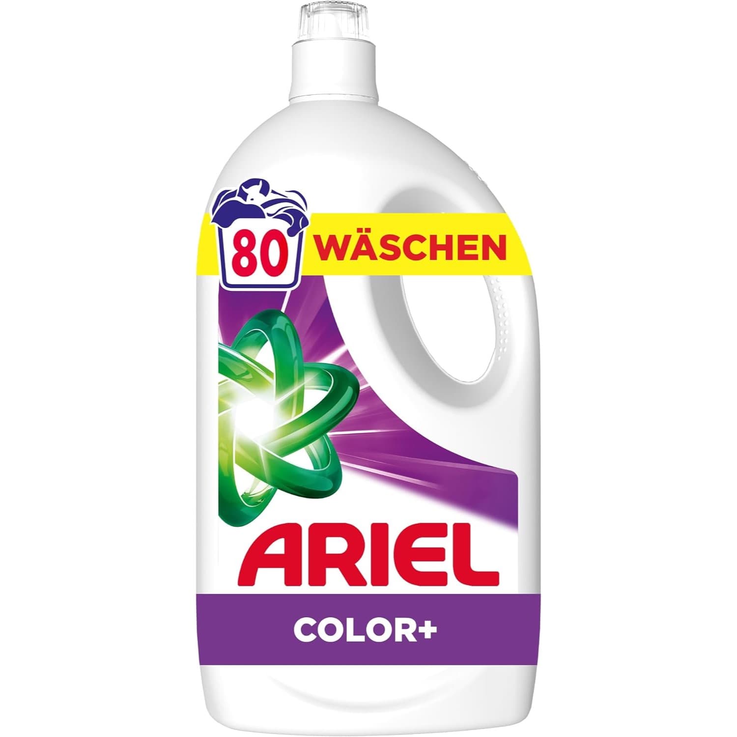 Weiße Waschmittelflasche mit violettem Etikett, grünem Ariel-Stern, der gelben Banderole 80 Wäschen und der Aufschrift Color plus