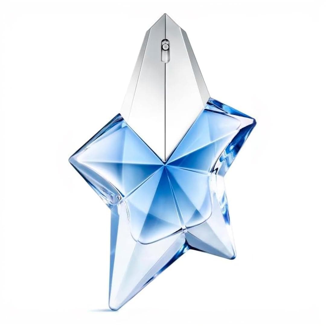 Sternförmiger Flakon aus hellblauem, geschliffenem Glas mit silberner Spitze, Mugler Angel Eau de Parfum