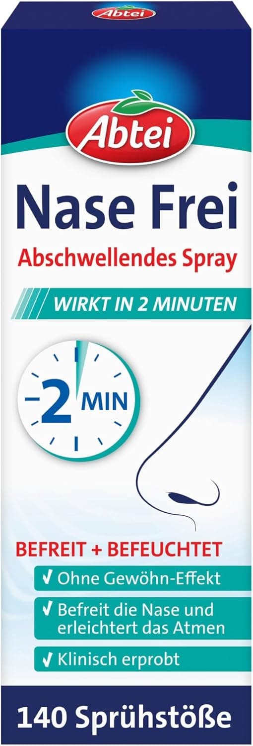 Verpackung des Abtei Nase Frei abschwellenden Sprays in Dunkelblau und Türkis mit Uhrensymbol und der Angabe 140 Sprühstöße