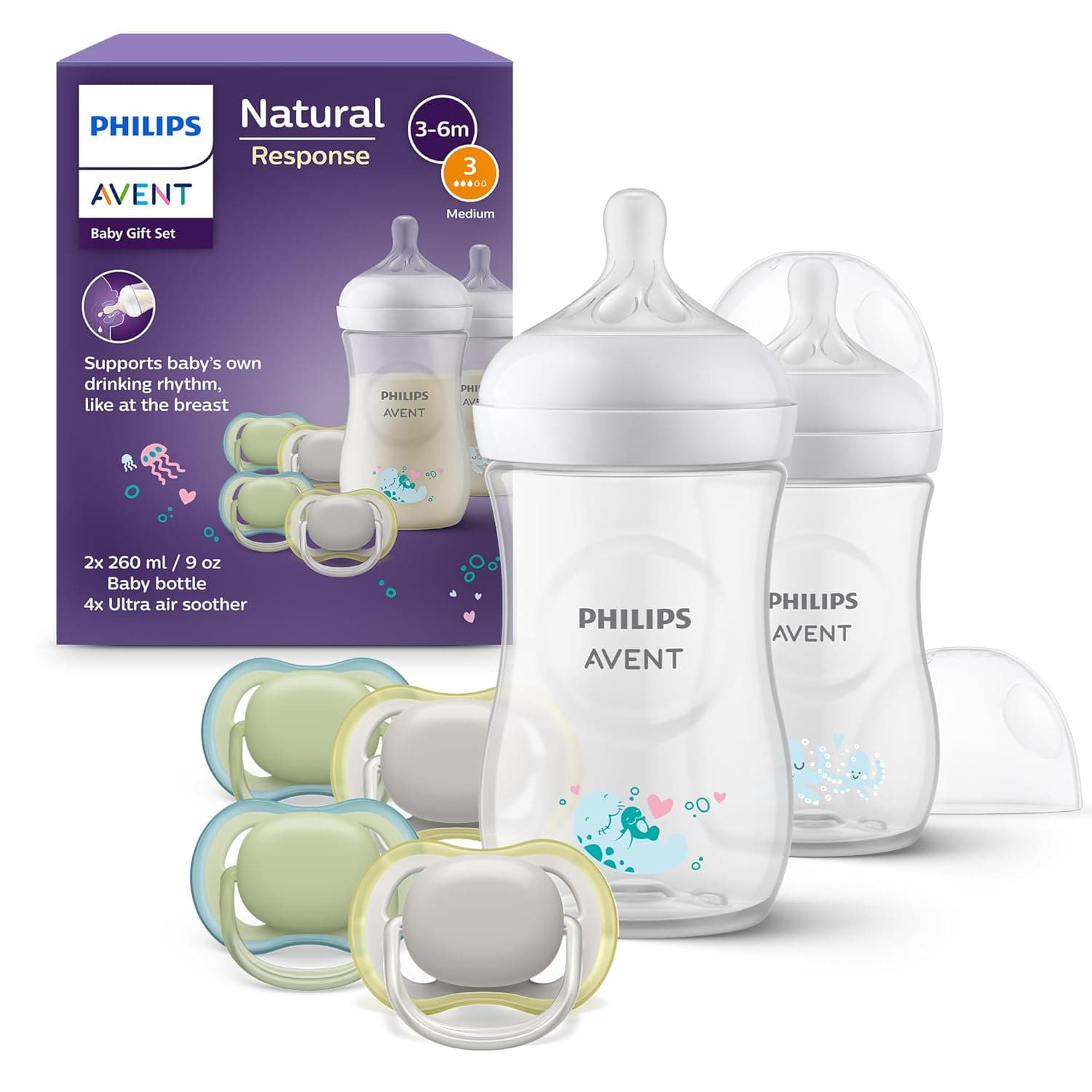 Lila Verpackung des Philips Avent Natural Response Geschenksets mit zwei Babyflaschen zu je 260 Millilitern und vier Schnullern davor