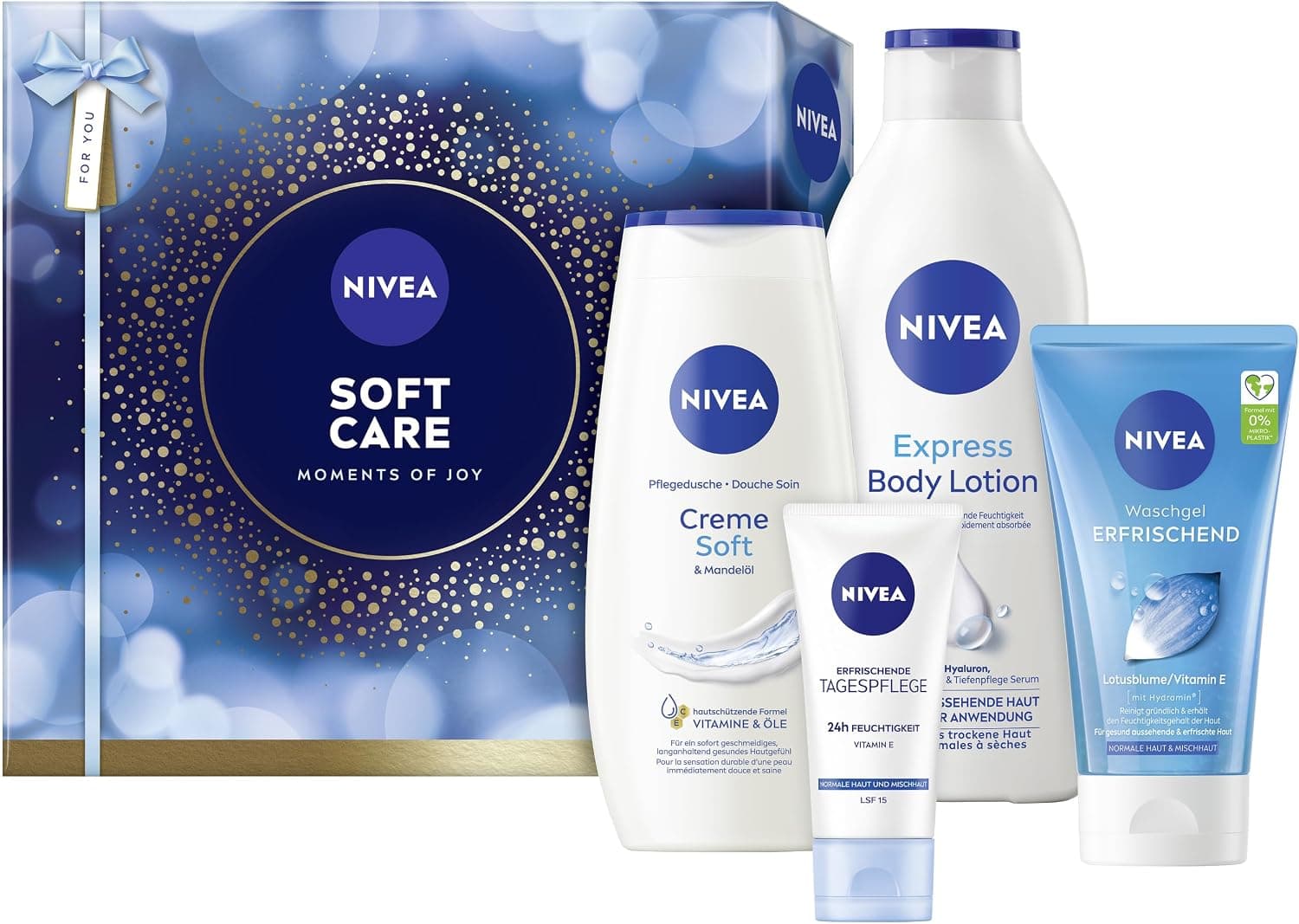 Blaue Nivea Soft Care Geschenkbox, davor Pflegedusche, Express Body Lotion, Tagespflege und Waschgel