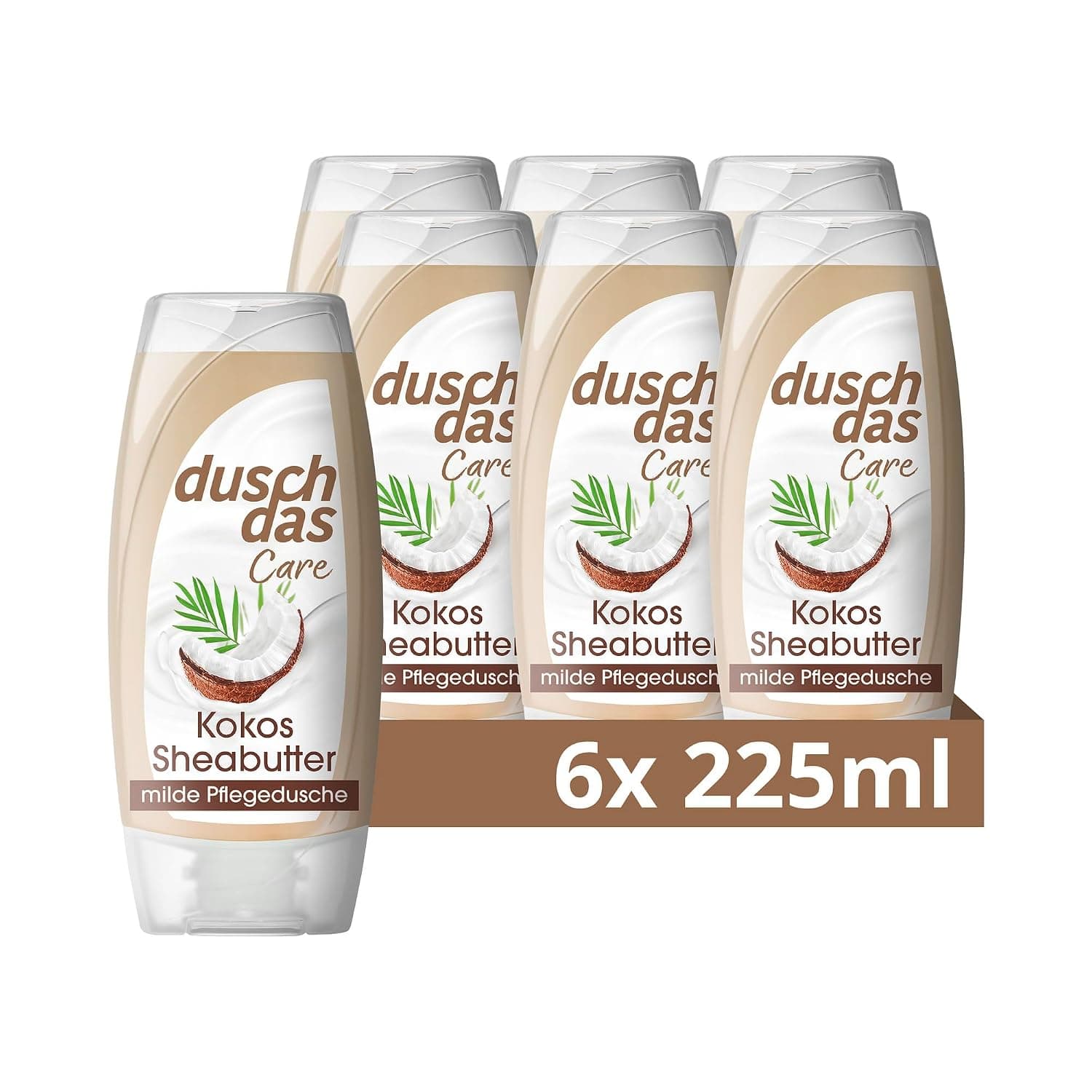 Sechs beige-weiße Duschgelflaschen im Karton, auf den Etiketten eine aufgeschnittene Kokosnuss mit Palmblatt, der Schriftzug duschdas Care, Kokos Sheabutter, milde Pflegedusche und unten die Angabe 6 x 225 ml