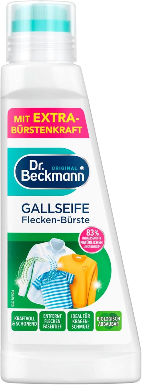 Weiße Kunststoffflasche der Dr. Beckmann Gallseife Flecken-Bürste mit türkisfarbenem Bürstenkopf und grün-pinkem Etikett, 250 Milliliter