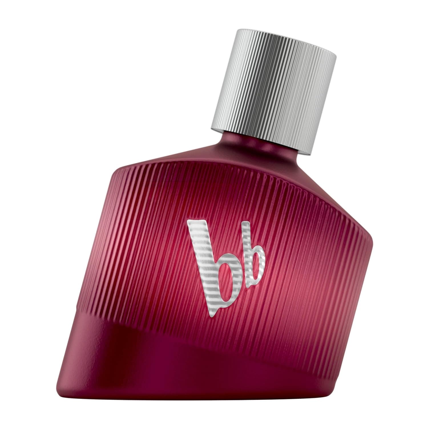 Beerenroter, geriffelter Flakon des bruno banani Loyal Man Eau de Parfum mit silberner Kappe und eingeprägtem bb-Monogramm