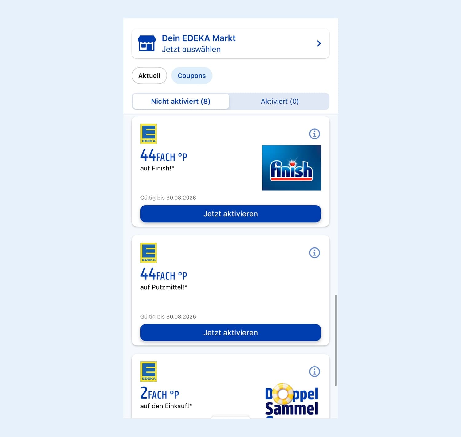 Coupon-Liste in der Payback-App bei EDEKA mit zwei 44fach-Coupons, einer auf Finish und einer auf Putzmittel
