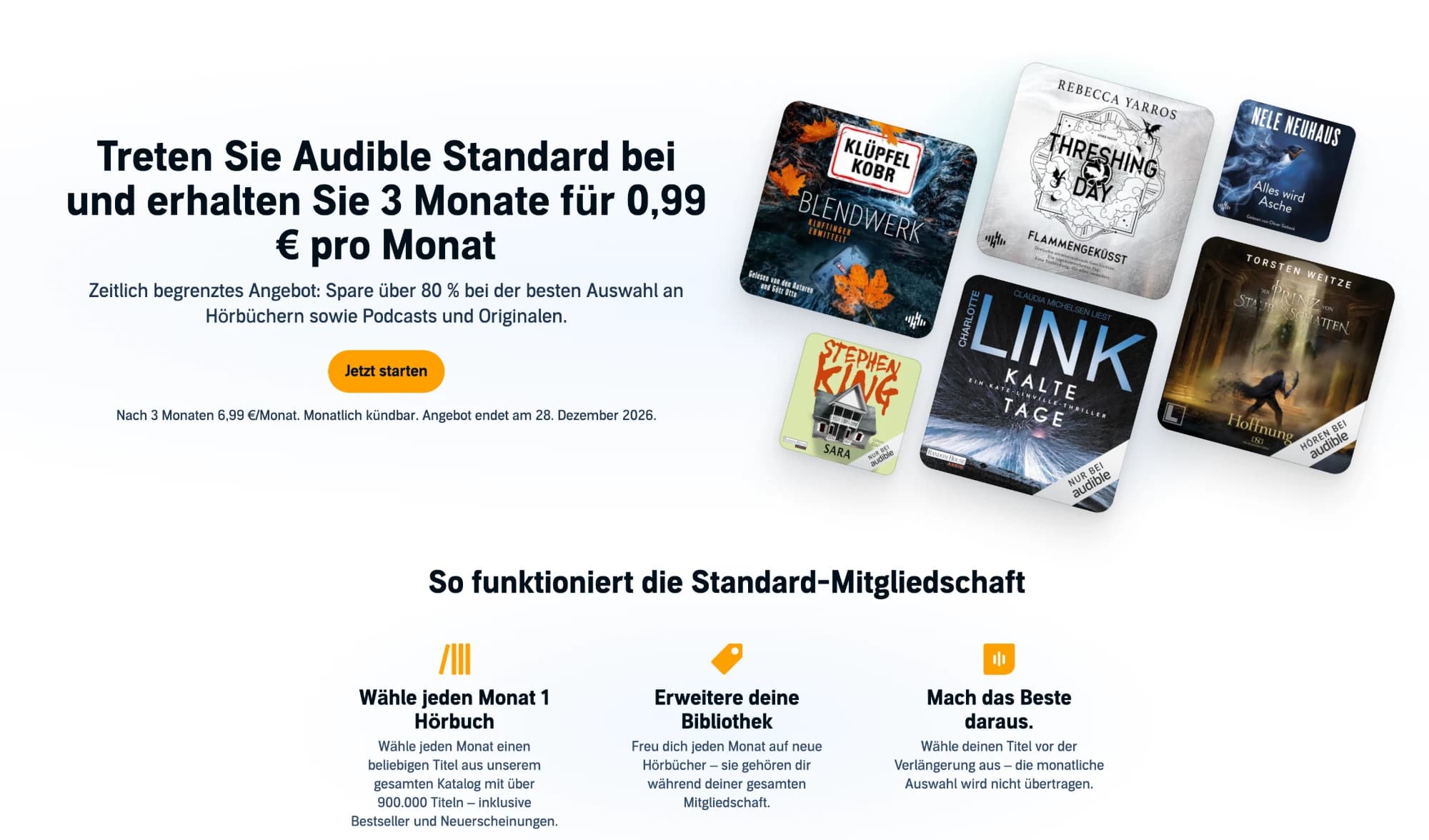 Aktionsseite bei Amazon mit der Überschrift Treten Sie Audible Standard bei und erhalten Sie 3 Monate für 0,99 Euro pro Monat, darunter der orangefarbene Knopf Jetzt starten und der Hinweis, dass nach 3 Monaten 6,99 Euro im Monat fällig werden und das Angebot am 28. Dezember 2026 endet