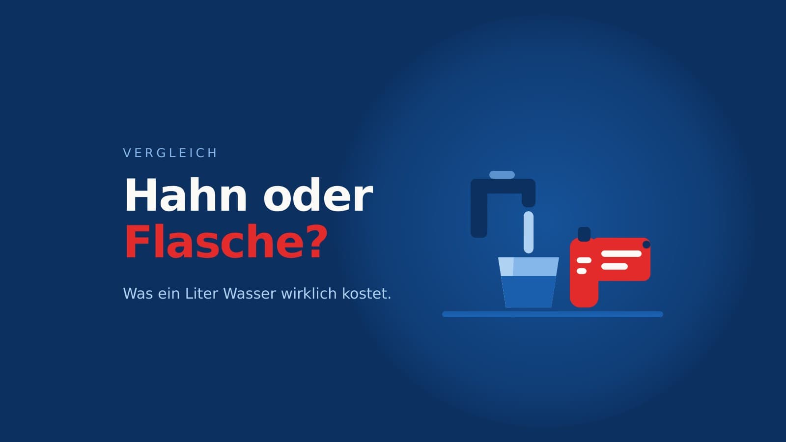 Illustration eines Wasserhahns und einer Flasche im Vergleich vor dunkelblauem Hintergrund