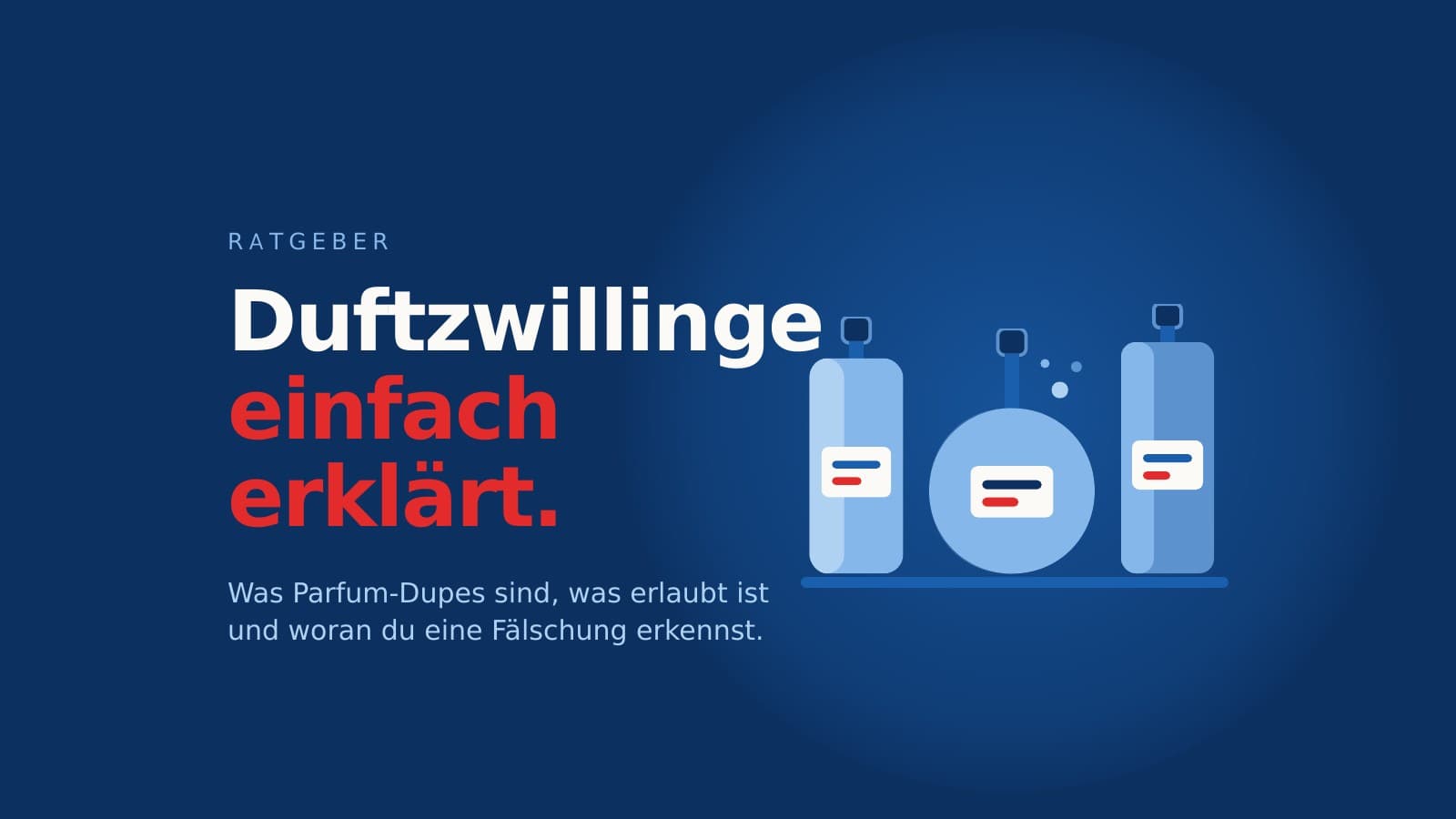 Illustration von drei Parfümflakons in Blautönen vor dunkelblauem Hintergrund