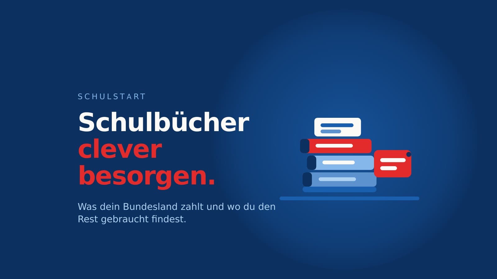 Illustration eines Bücherstapels mit Preisschild vor dunkelblauem Hintergrund