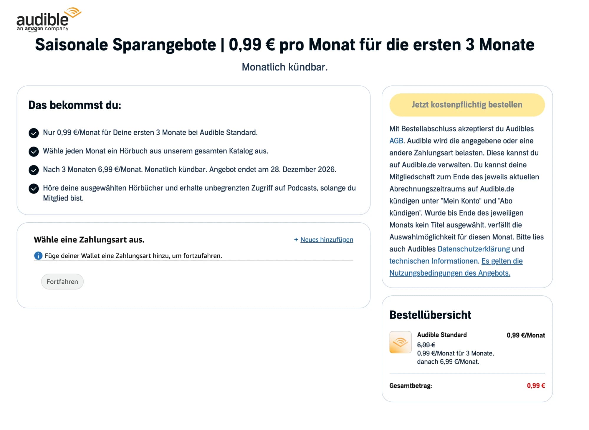 Bestellseite von Audible mit der Liste Das bekommst du auf der linken Seite und der Bestellübersicht rechts, dort steht Audible Standard zu 0,99 Euro pro Monat für 3 Monate, danach 6,99 Euro, und als Gesamtbetrag 0,99 Euro