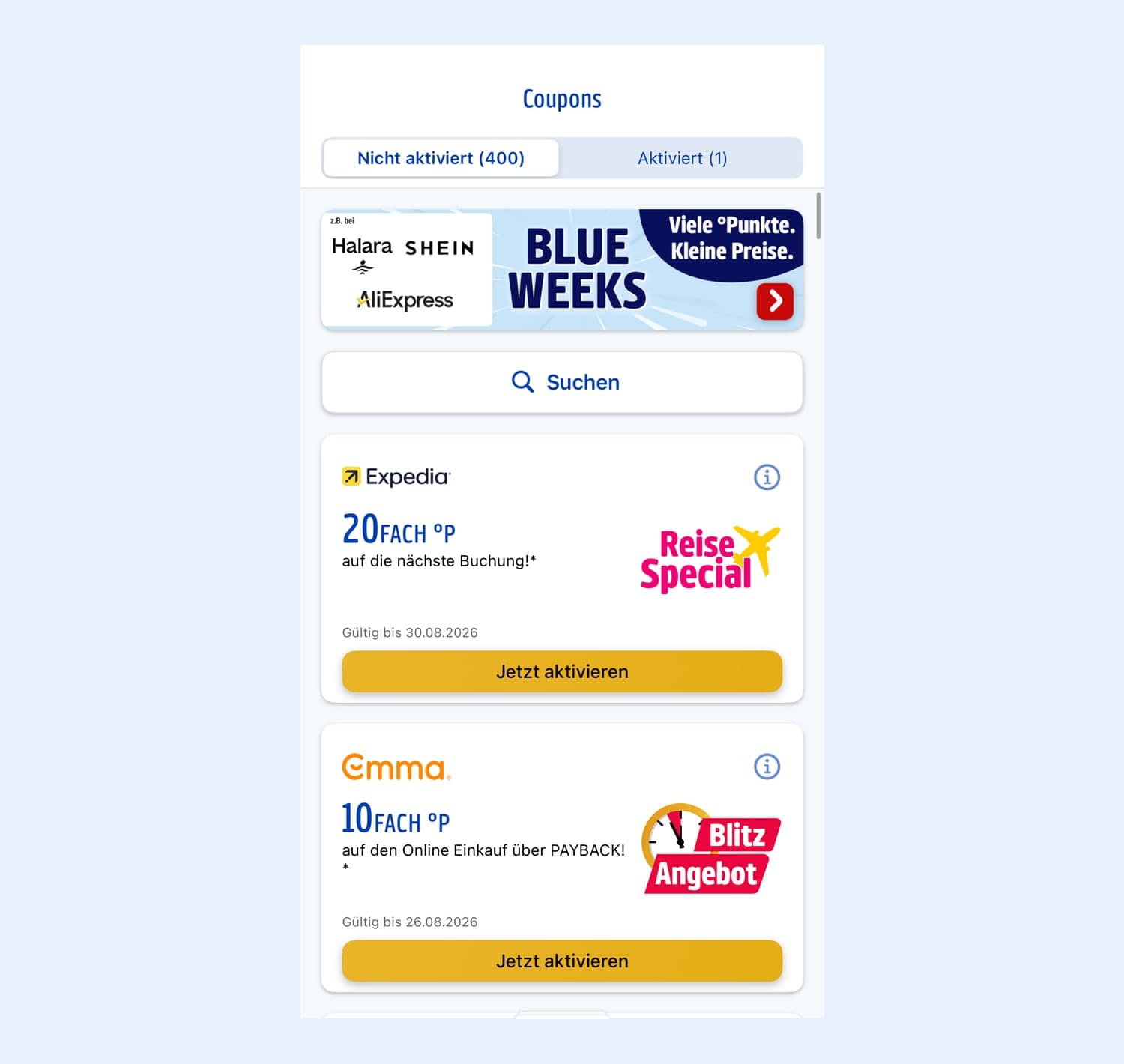 Coupon-Übersicht in der Payback-App: 400 nicht aktivierten Coupons steht ein einziger aktivierter gegenüber