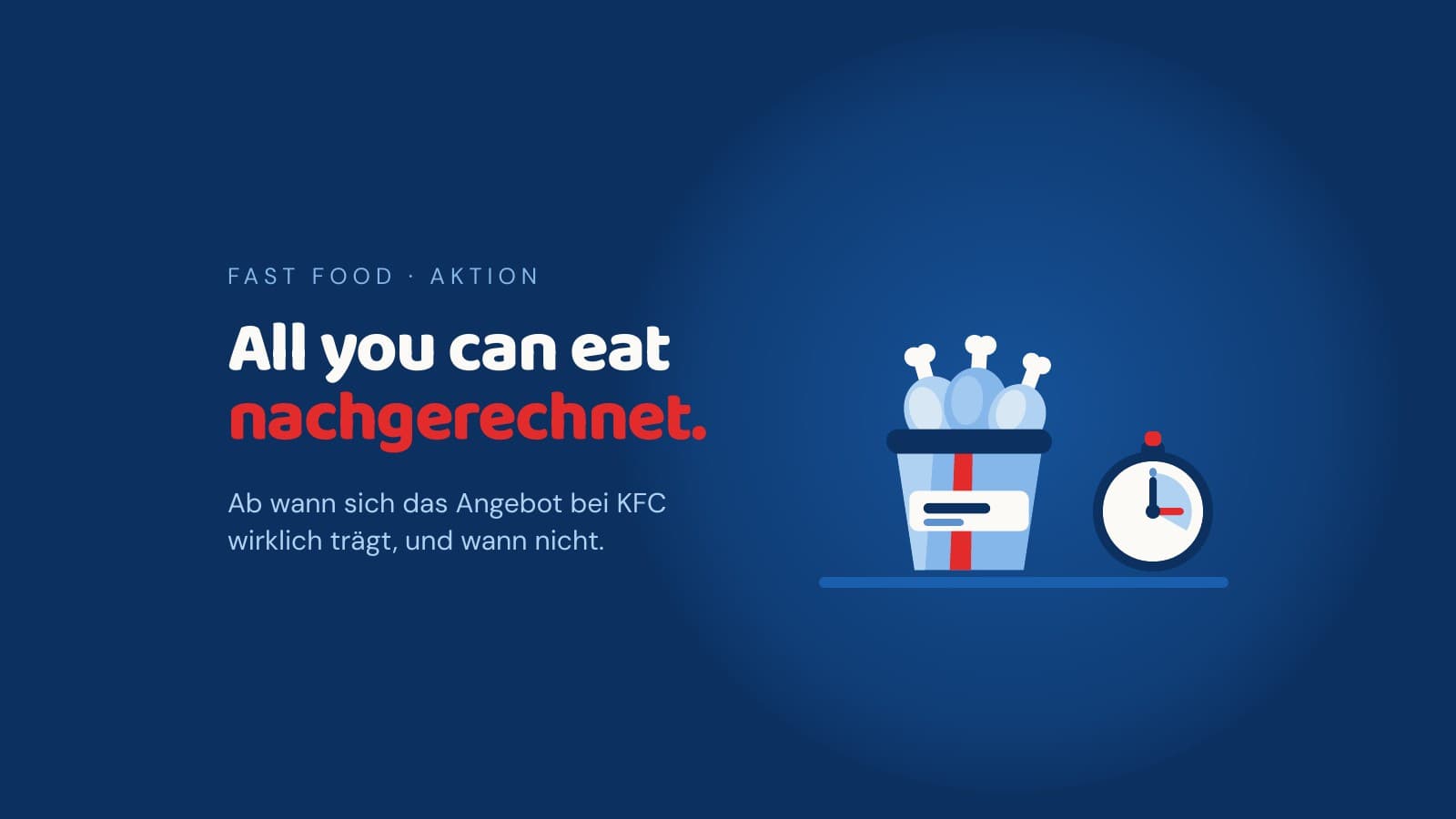 Illustration eines KFC-Buckets mit Hähnchenkeulen neben einer Stoppuhr vor dunkelblauem Hintergrund