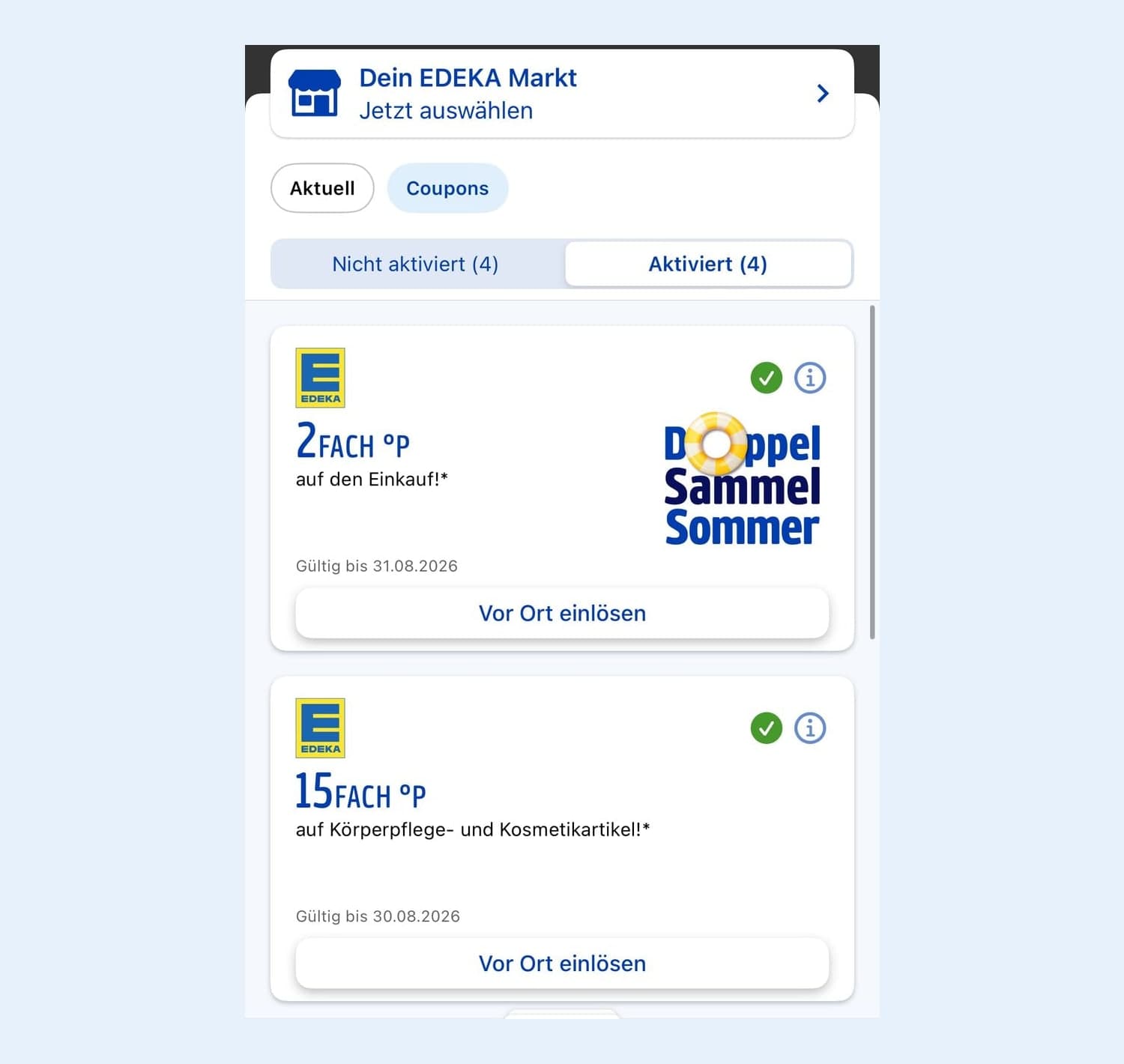 Reiter Aktiviert in der Payback-App: vier aktivierte EDEKA-Coupons, jeder mit grünem Haken und dem Knopf Vor Ort einlösen