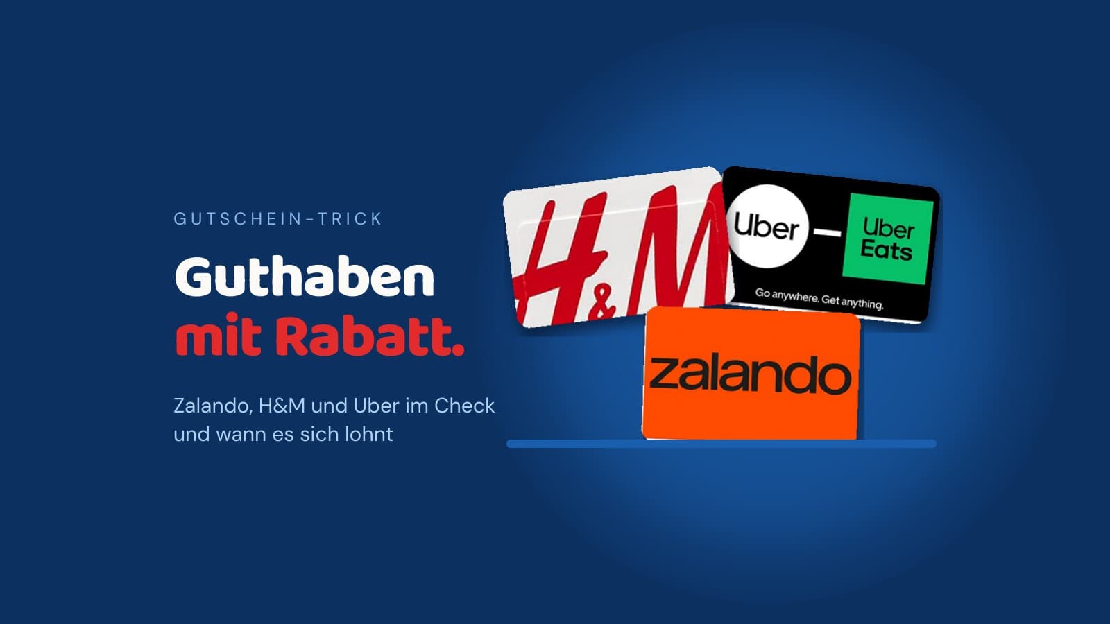 Geschenkkarten von H&M, Uber und Zalando auf dunkelblauem Grund, daneben die Überschrift Guthaben mit Rabatt